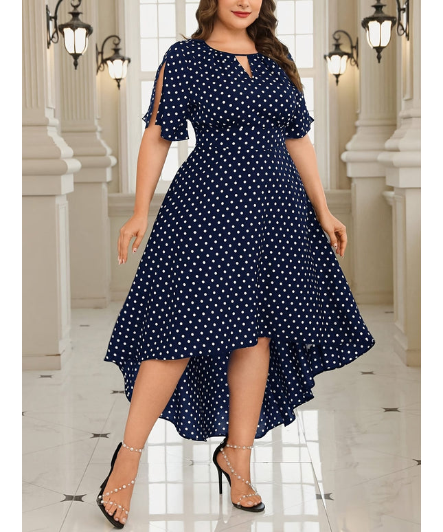 jkthpu-45 Plus Size Women's Elegant Polka Dot Midi Dress - Navy & White Round Neck Short Sleeve, Machine Washable Non-Stretch Fabric for Spring/Summer Casual & Semi-Formal Occasions