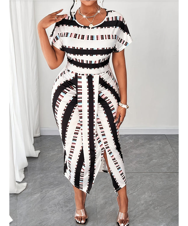 jkthpu-45 Plus Size Women'S Elegant Print Midi Dress with High-Waist and Scoop Neck - Black/White/Red Geometric Pattern, Sleeveless, Non-Stretch Fabric for Summe