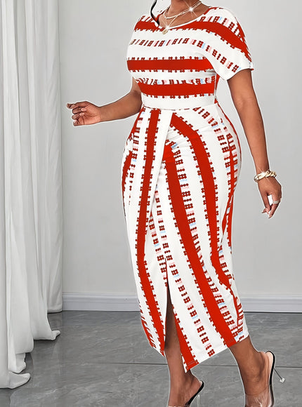 jkthpu-45 Plus Size Women'S Elegant Print Midi Dress with High-Waist and Scoop Neck - Black/White/Red Geometric Pattern, Sleeveless, Non-Stretch Fabric for Summe