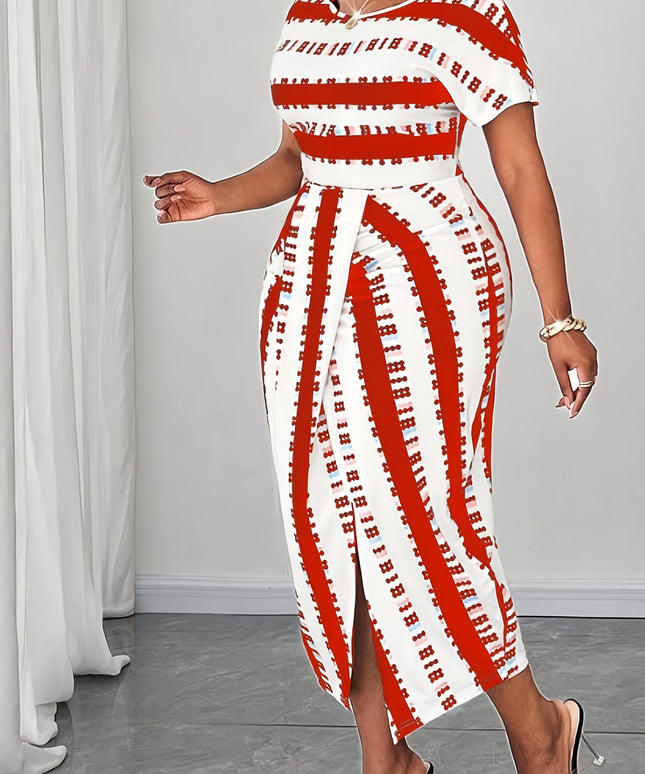 jkthpu-45 Plus Size Women'S Elegant Print Midi Dress with High-Waist and Scoop Neck - Black/White/Red Geometric Pattern, Sleeveless, Non-Stretch Fabric for Summe