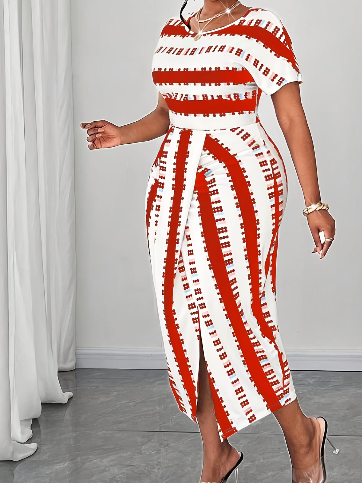 jkthpu-45 Plus Size Women'S Elegant Print Midi Dress with High-Waist and Scoop Neck - Black/White/Red Geometric Pattern, Sleeveless, Non-Stretch Fabric for Summe