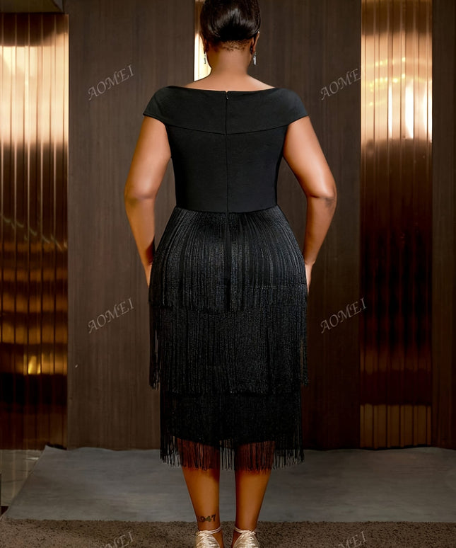 jkthpu-45 Plus Size, Women's Elegant Slim Fit Off-Shoulder/One-Shoulder Summer Party Dress with Tassel Hem - Breathable Stretch Midi Dress for Casual Outings & Evening Events, Machine Washable Solid Color, Casual Summer Dresses, Stylish Occasion Wear, Fitted Silhou