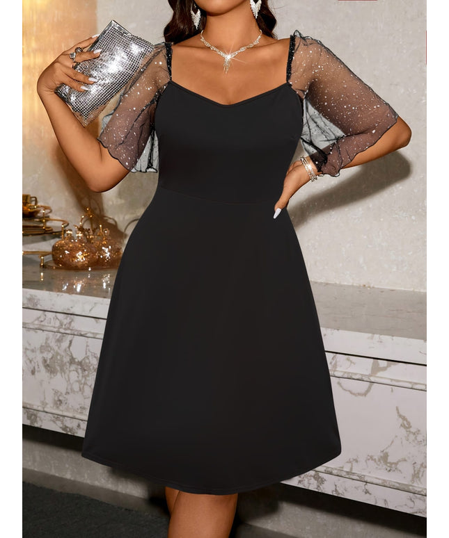 jkthpu-45 Plus Size Women's Elegant Square Neck Lace Sleeve Dress - Solid Color Black Bodycon Midi Dress for Spring/Summer, Machine Washable & Dry Cleanable, Summer Fashion, Stretchy Fabric