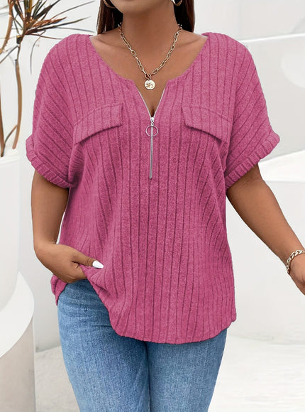 KissICON Plus Size Women's Elegant Textured T-Shirt - Relaxed Fit Short Sleeve Round Neck Top with Decorative Zipper Pockets, Maroon Casual Shirt for Spring/Autumn, Machine Washable, Ladies T Shirts, Everyday Comfortable Clothing, Rib