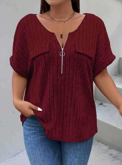 KissICON Plus Size Women's Elegant Textured T-Shirt - Relaxed Fit Short Sleeve Round Neck Top with Decorative Zipper Pockets, Maroon Casual Shirt for Spring/Autumn, Machine Washable, Ladies T Shirts, Everyday Comfortable Clothing, Rib