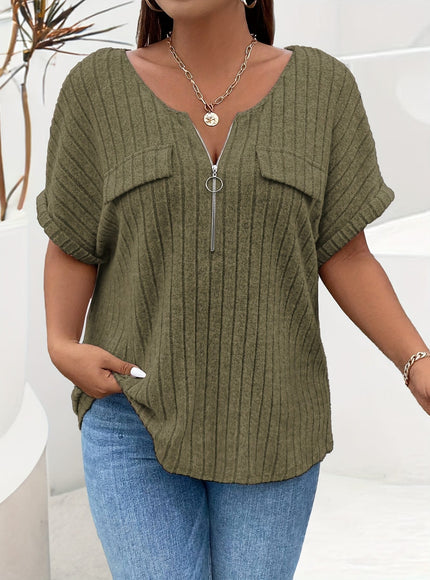 KissICON Plus Size Women's Elegant Textured T-Shirt - Relaxed Fit Short Sleeve Round Neck Top with Decorative Zipper Pockets, Maroon Casual Shirt for Spring/Autumn, Machine Washable, Ladies T Shirts, Everyday Comfortable Clothing, Rib