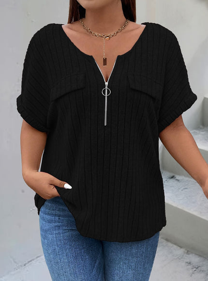 KissICON Plus Size Women's Elegant Textured T-Shirt - Relaxed Fit Short Sleeve Round Neck Top with Decorative Zipper Pockets, Maroon Casual Shirt for Spring/Autumn, Machine Washable, Ladies T Shirts, Everyday Comfortable Clothing, Rib