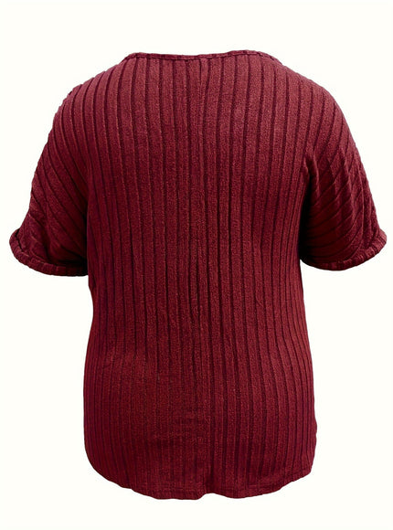 KissICON Plus Size Women's Elegant Textured T-Shirt - Relaxed Fit Short Sleeve Round Neck Top with Decorative Zipper Pockets, Maroon Casual Shirt for Spring/Autumn, Machine Washable, Ladies T Shirts, Everyday Comfortable Clothing, Rib