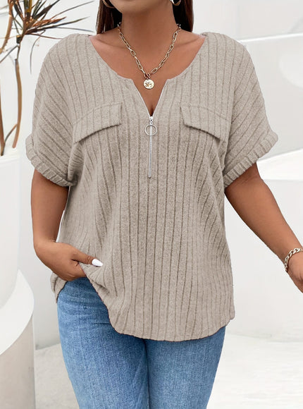 KissICON Plus Size Women's Elegant Textured T-Shirt - Relaxed Fit Short Sleeve Round Neck Top with Decorative Zipper Pockets, Maroon Casual Shirt for Spring/Autumn, Machine Washable, Ladies T Shirts, Everyday Comfortable Clothing, Rib