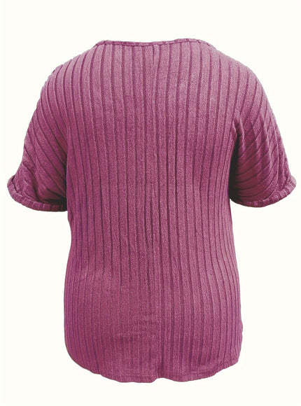 KissICON Plus Size Women's Elegant Textured T-Shirt - Relaxed Fit Short Sleeve Round Neck Top with Decorative Zipper Pockets, Maroon Casual Shirt for Spring/Autumn, Machine Washable, Ladies T Shirts, Everyday Comfortable Clothing, Rib