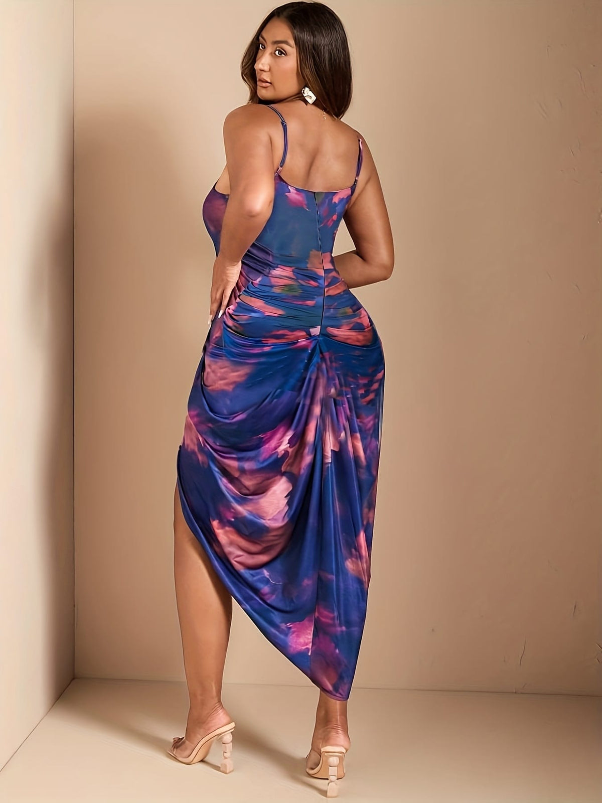 jkthpu-45 Plus Size - Women'S Elegant Tie-Dye Maxi Dress with High Slit - Sexy Sleeveless Bodycon Evening Gown for Parties & Formal Events, Vibrant Purple & Pink Gradient Design, Stretchy Polyester Blend, Machine Washable, Formal Evening Gown