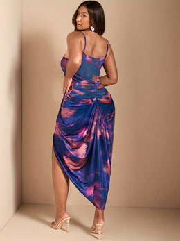 jkthpu-45 Plus Size - Women'S Elegant Tie-Dye Maxi Dress with High Slit - Sexy Sleeveless Bodycon Evening Gown for Parties & Formal Events, Vibrant Purple & Pink Gradient Design, Stretchy Polyester Blend, Machine Washable, Formal Evening Gown