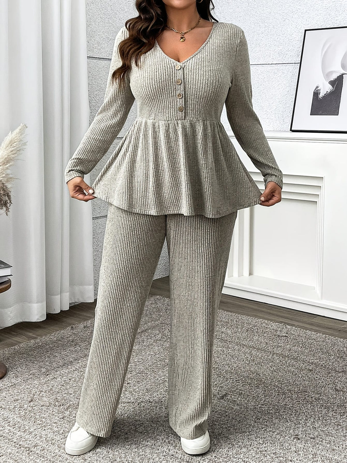 jkthpu-45 Plus Size, Women's Elegant Two-Piece Casual Set with