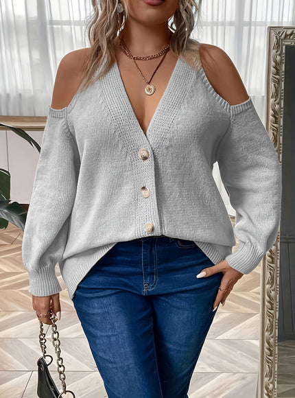 jkthpu-45 Plus Size Women's Elegant V-Neck Button-Front Cardigan -