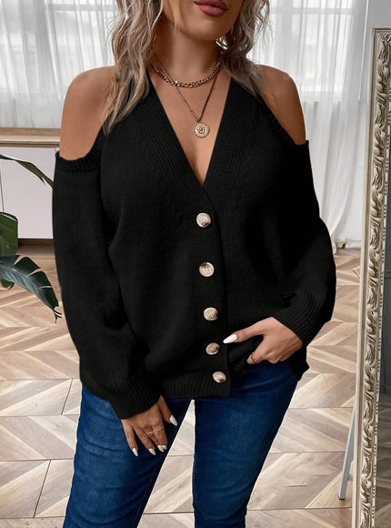 jkthpu-45 Plus Size Women's Elegant V-Neck Button-Front Cardigan -
