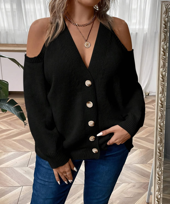 jkthpu-45 Plus Size Women's Elegant V-Neck Button-Front Cardigan -