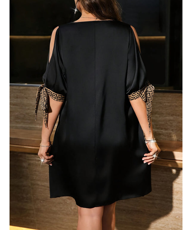 jkthpu-45 Plus Size Women's Elegant V-Neck Contrast Color Dress - Short Sleeve Fitted Machine-Washable Black & Golden Dress for Spring/Summer, Casual to Semi-Formal Occasions, Spring Summer Fashion, Sophisticated Style, No Stretch Material