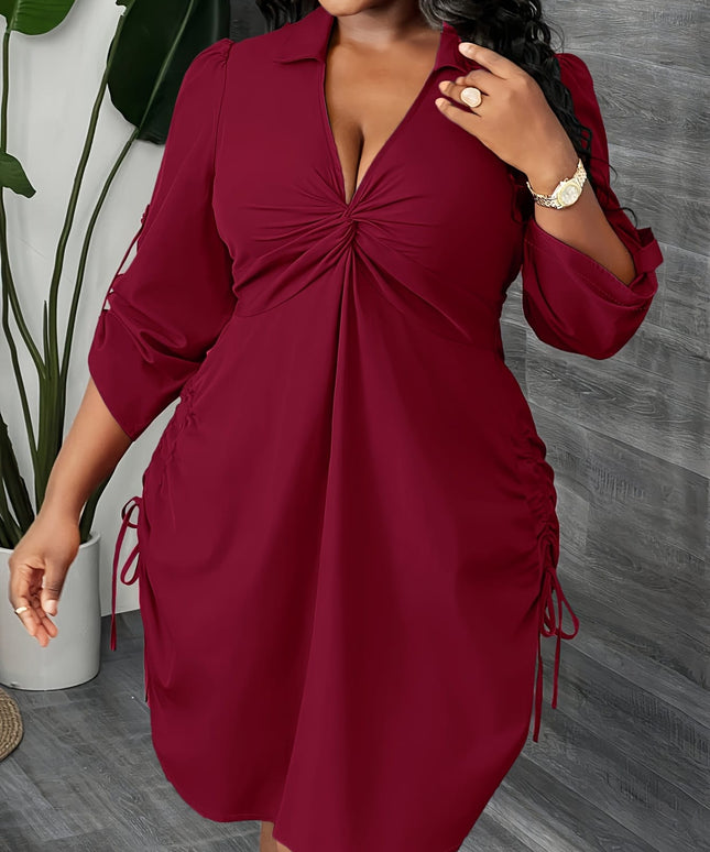 jkthpu-45 Plus Size Women'S Elegant V-Neck Dress with Twist Detail - Waist Design, Side Drawstring, Solid Color, Perfect for Spring/Summer Casual & Formal Wear, Dresses for Summer