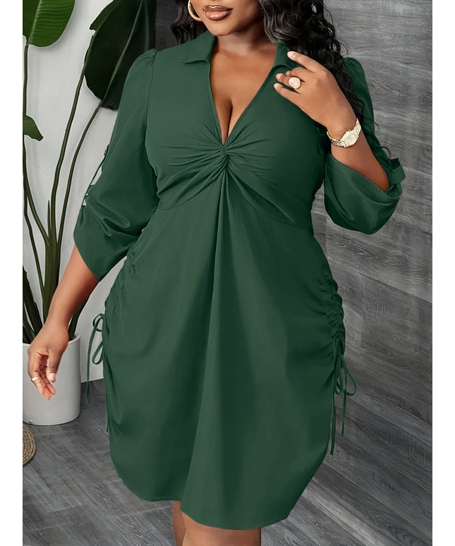 jkthpu-45 Plus Size Women'S Elegant V-Neck Dress with Twist Detail - Waist Design, Side Drawstring, Solid Color, Perfect for Spring/Summer Casual & Formal Wear, Dresses for Summer