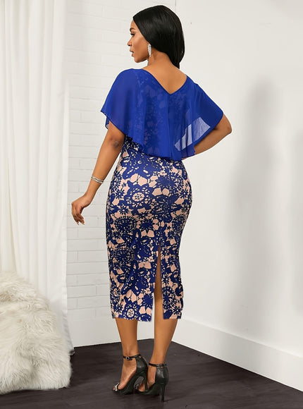 jkthpu-45 Plus Size, Women's Elegant V-Neck Floral dress - Office to Party Formal attire, Machine Washable Midi Dress, Non-See-Through Fabric for Year-Round Wear - Perfect for Work, Events, Dates & Everyday Outfits, Event Wear, Easycare Clothing, Date Night Outfit,