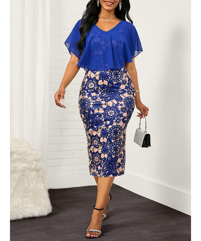 jkthpu-45 Plus Size, Women's Elegant V-Neck Floral dress - Office to Party Formal attire, Machine Washable Midi Dress, Non-See-Through Fabric for Year-Round Wear - Perfect for Work, Events, Dates & Everyday Outfits, Event Wear, Easycare Clothing, Date Night Outfit,