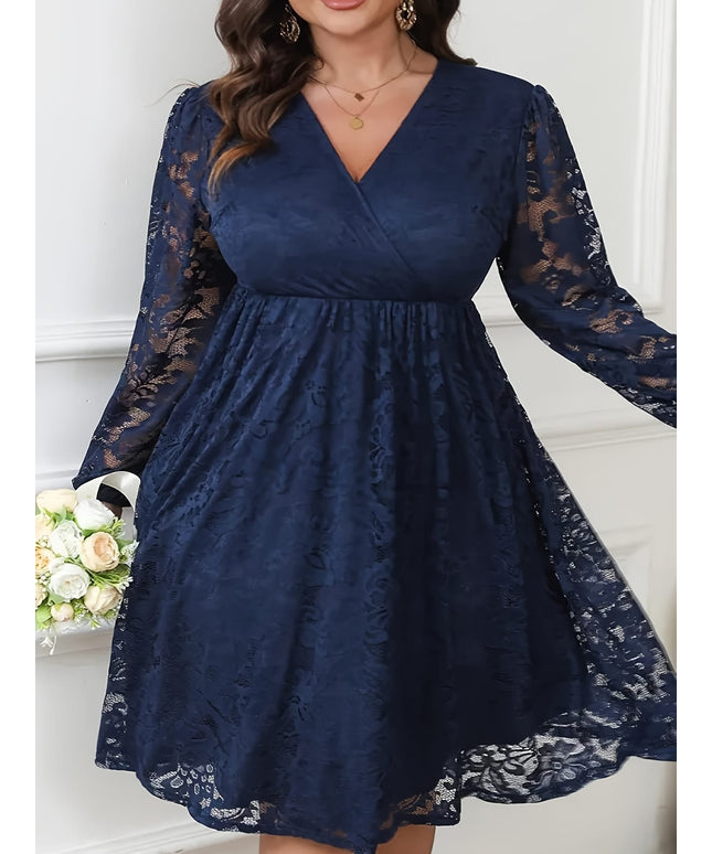 jkthpu-45 Plus Size Women's Elegant V-Neck Lace Sleeve A-Line Dress - Navy Blue Contrast Lace Midi Length, Fitted Top & Flowy Skirt, Machine Washable for Parties, Weddings, Casual Outings, Lace Dress, Wedding Attire, Semitransparent Fabric