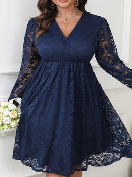 jkthpu-45 Plus Size Women's Elegant V-Neck Lace Sleeve A-Line Dress - Navy Blue Contrast Lace Midi Length, Fitted Top & Flowy Skirt, Machine Washable for Parties, Weddings, Casual Outings, Lace Dress, Wedding Attire, Semitransparent Fabric