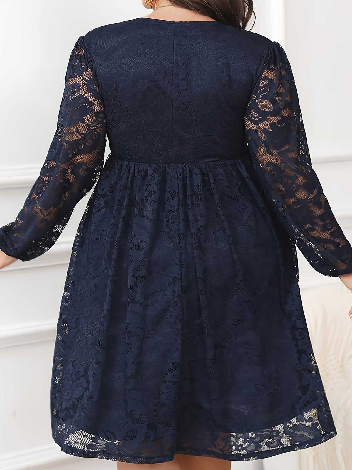 jkthpu-45 Plus Size Women's Elegant V-Neck Lace Sleeve A-Line Dress - Navy Blue Contrast Lace Midi Length, Fitted Top & Flowy Skirt, Machine Washable for Parties, Weddings, Casual Outings, Lace Dress, Wedding Attire, Semitransparent Fabric