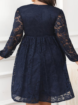 jkthpu-45 Plus Size Women's Elegant V-Neck Lace Sleeve A-Line Dress - Navy Blue Contrast Lace Midi Length, Fitted Top & Flowy Skirt, Machine Washable for Parties, Weddings, Casual Outings, Lace Dress, Wedding Attire, Semitransparent Fabric