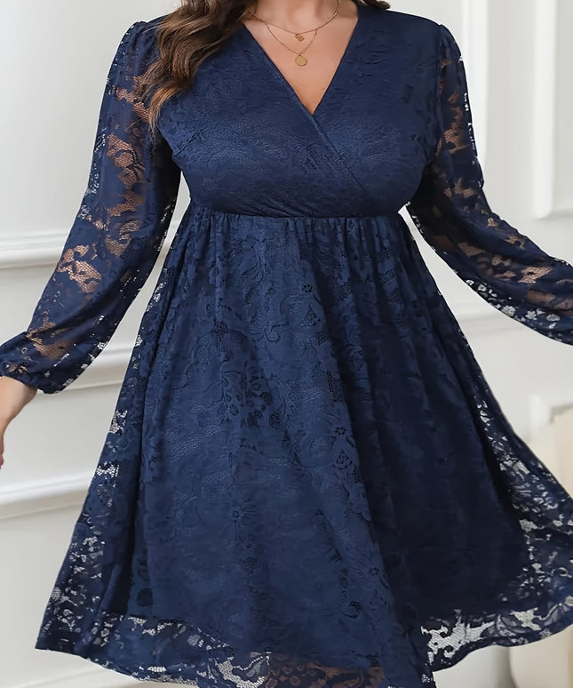 jkthpu-45 Plus Size Women's Elegant V-Neck Lace Sleeve A-Line Dress - Navy Blue Contrast Lace Midi Length, Fitted Top & Flowy Skirt, Machine Washable for Parties, Weddings, Casual Outings, Lace Dress, Wedding Attire, Semitransparent Fabric