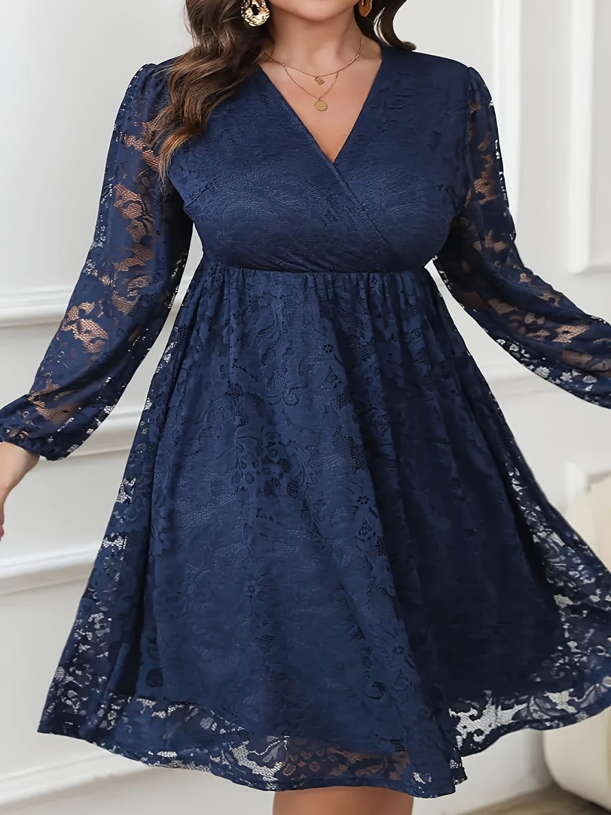 jkthpu-45 Plus Size Women's Elegant V-Neck Lace Sleeve A-Line Dress - Navy Blue Contrast Lace Midi Length, Fitted Top & Flowy Skirt, Machine Washable for Parties, Weddings, Casual Outings, Lace Dress, Wedding Attire, Semitransparent Fabric