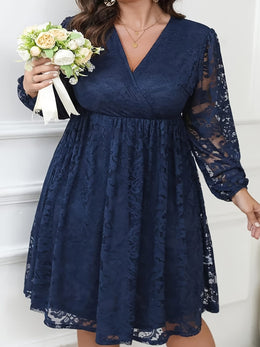 jkthpu-45 Plus Size Women's Elegant V-Neck Lace Sleeve A-Line Dress - Navy Blue Contrast Lace Midi Length, Fitted Top & Flowy Skirt, Machine Washable for Parties, Weddings, Casual Outings, Lace Dress, Wedding Attire, Semitransparent Fabric