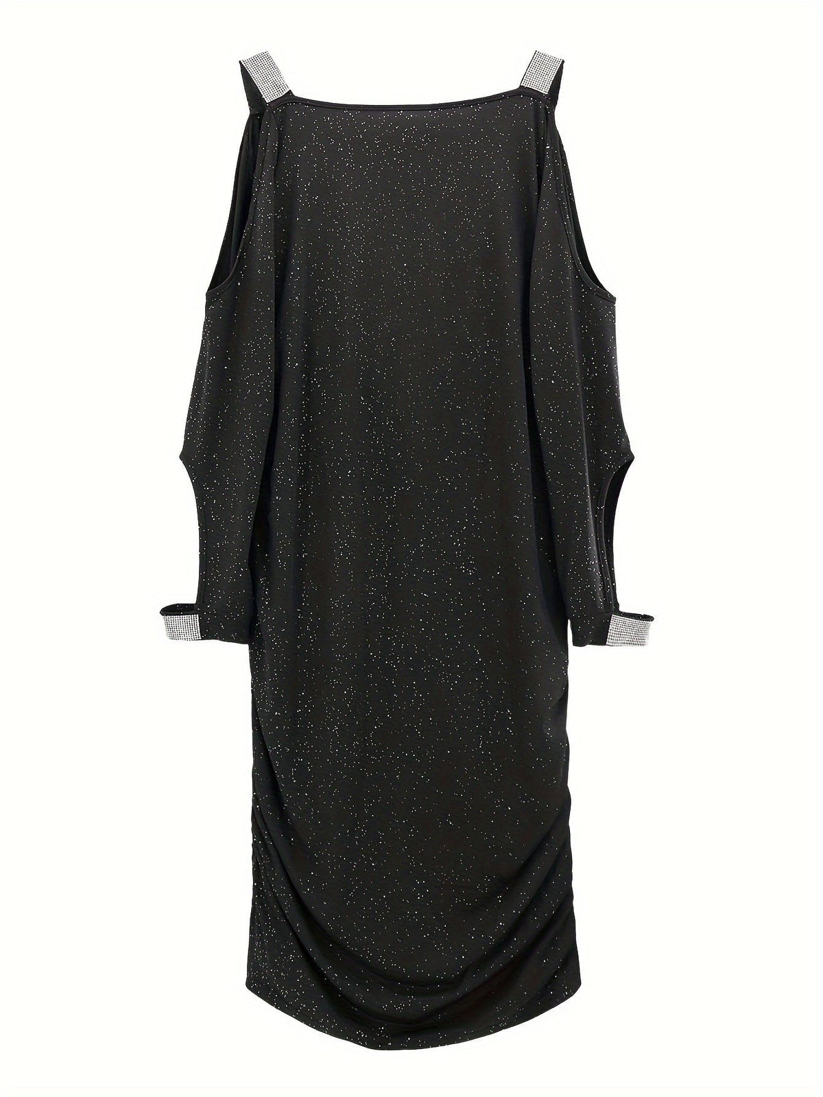jkthpu-45 Plus Size Women's Elegant V-Neck Off-Shoulder Sequin Bodycon Mini Dress – Black Sparkling Party Clubwear for Spring, Summer & Fall