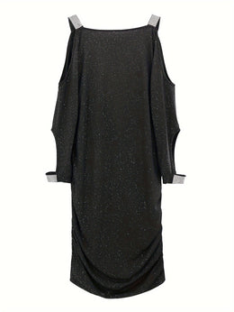 jkthpu-45 Plus Size Women's Elegant V-Neck Off-Shoulder Sequin Bodycon Mini Dress – Black Sparkling Party Clubwear for Spring, Summer & Fall