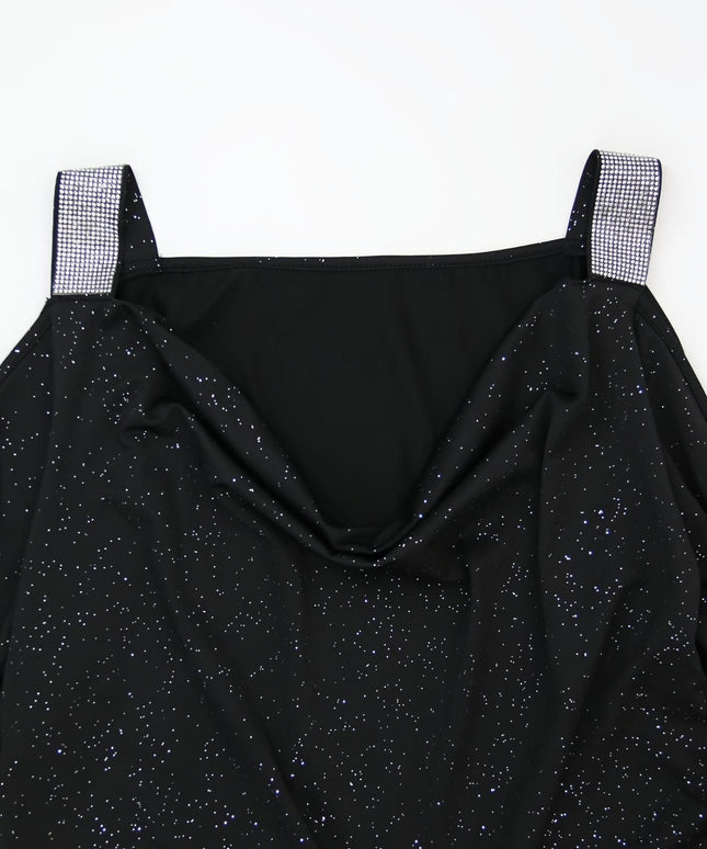 jkthpu-45 Plus Size Women's Elegant V-Neck Off-Shoulder Sequin Bodycon Mini Dress – Black Sparkling Party Clubwear for Spring, Summer & Fall