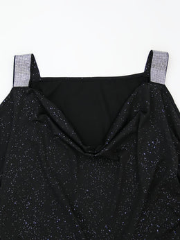jkthpu-45 Plus Size Women's Elegant V-Neck Off-Shoulder Sequin Bodycon Mini Dress – Black Sparkling Party Clubwear for Spring, Summer & Fall