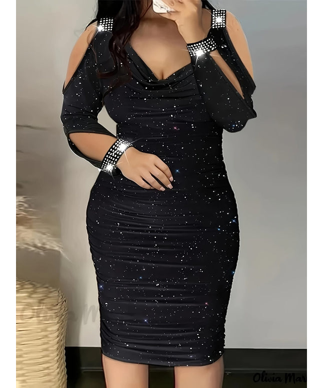 jkthpu-45 Plus Size Women's Elegant V-Neck Off-Shoulder Sequin Bodycon Mini Dress – Black Sparkling Party Clubwear for Spring, Summer & Fall