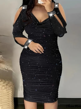 jkthpu-45 Plus Size Women's Elegant V-Neck Off-Shoulder Sequin Bodycon Mini Dress – Black Sparkling Party Clubwear for Spring, Summer & Fall