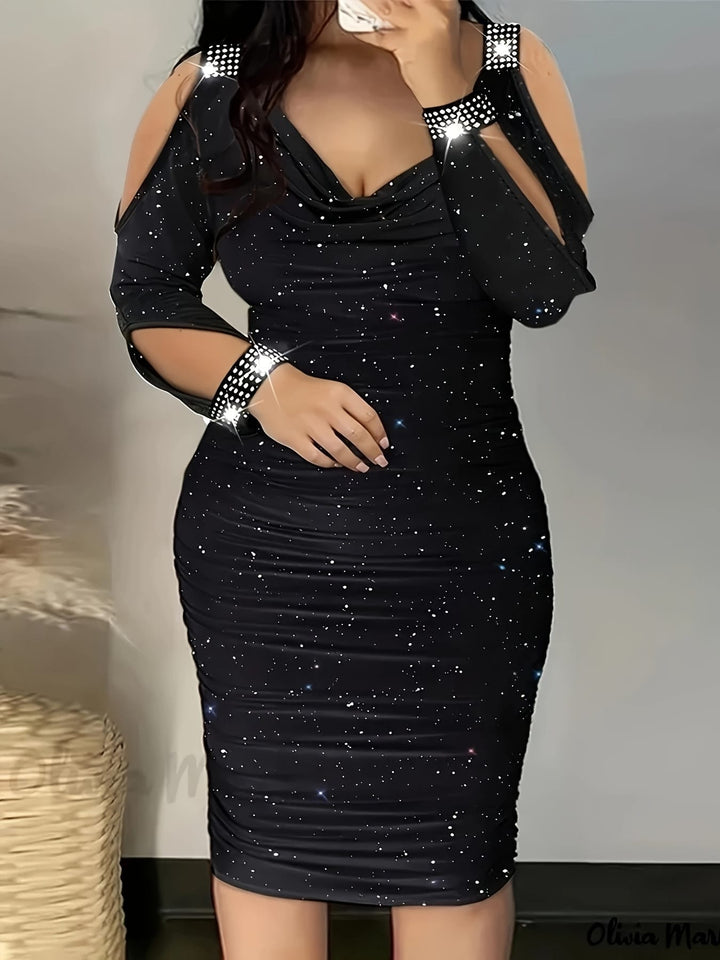 Plus Size Women's Elegant V-Neck Off-Shoulder Sequin Bodycon Mini Dress – Black Sparkling Party Clubwear for Spring, Summer & Fall