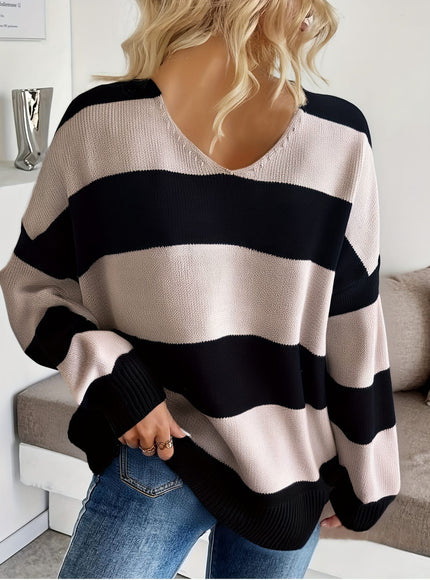 jkthpu-45 Plus Size - Women'S Elegant V-Neck Striped Sweater