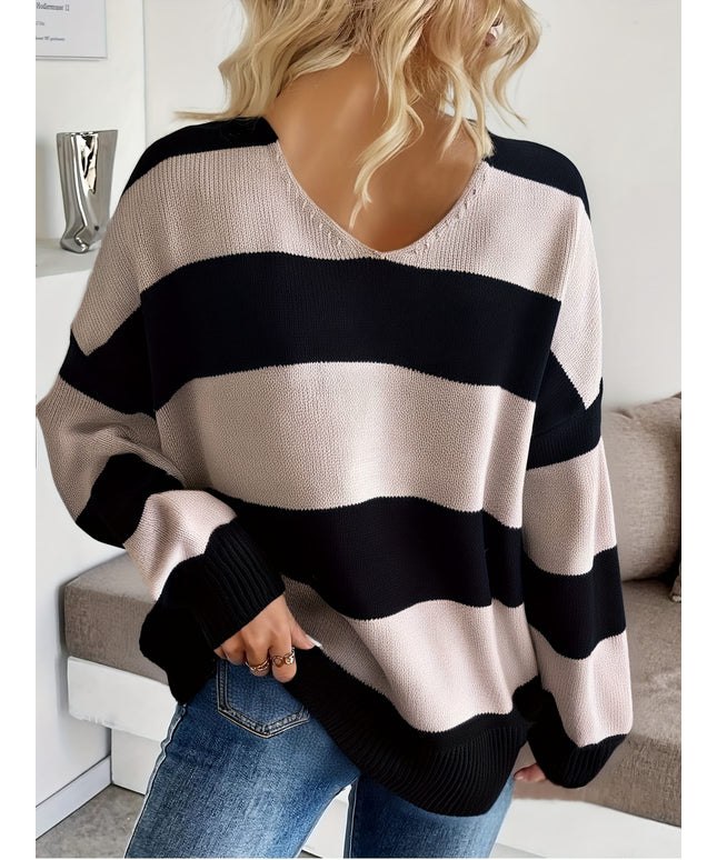 jkthpu-45 Plus Size - Women'S Elegant V-Neck Striped Sweater