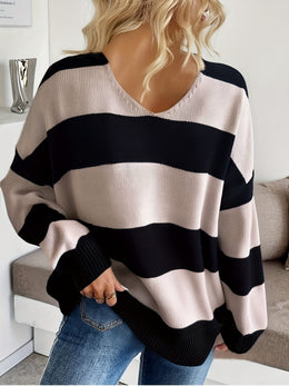 jkthpu-45 Plus Size - Women'S Elegant V-Neck Striped Sweater