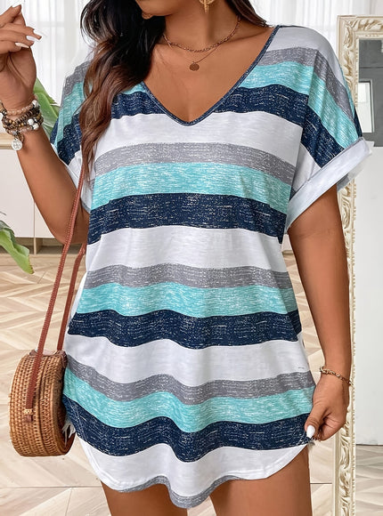 KissICON Plus Size, Women's Elegant V-Neck T-Shirt - Stretchy Blouse Top in Teal Blue, Orange & Brown Horizontal Stripes - Polyester/Elastane Blend Shirt for Everyday & Formal Outfits - Machine Washable Women's Clothing, Ladies T Shir