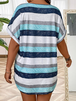 KissICON Plus Size, Women's Elegant V-Neck T-Shirt - Stretchy Blouse Top in Teal Blue, Orange & Brown Horizontal Stripes - Polyester/Elastane Blend Shirt for Everyday & Formal Outfits - Machine Washable Women's Clothing, Ladies T Shir