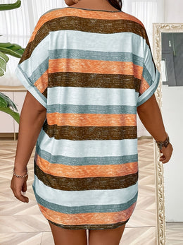 KissICON Plus Size, Women's Elegant V-Neck T-Shirt - Stretchy Blouse Top in Teal Blue, Orange & Brown Horizontal Stripes - Polyester/Elastane Blend Shirt for Everyday & Formal Outfits - Machine Washable Women's Clothing, Ladies T Shir