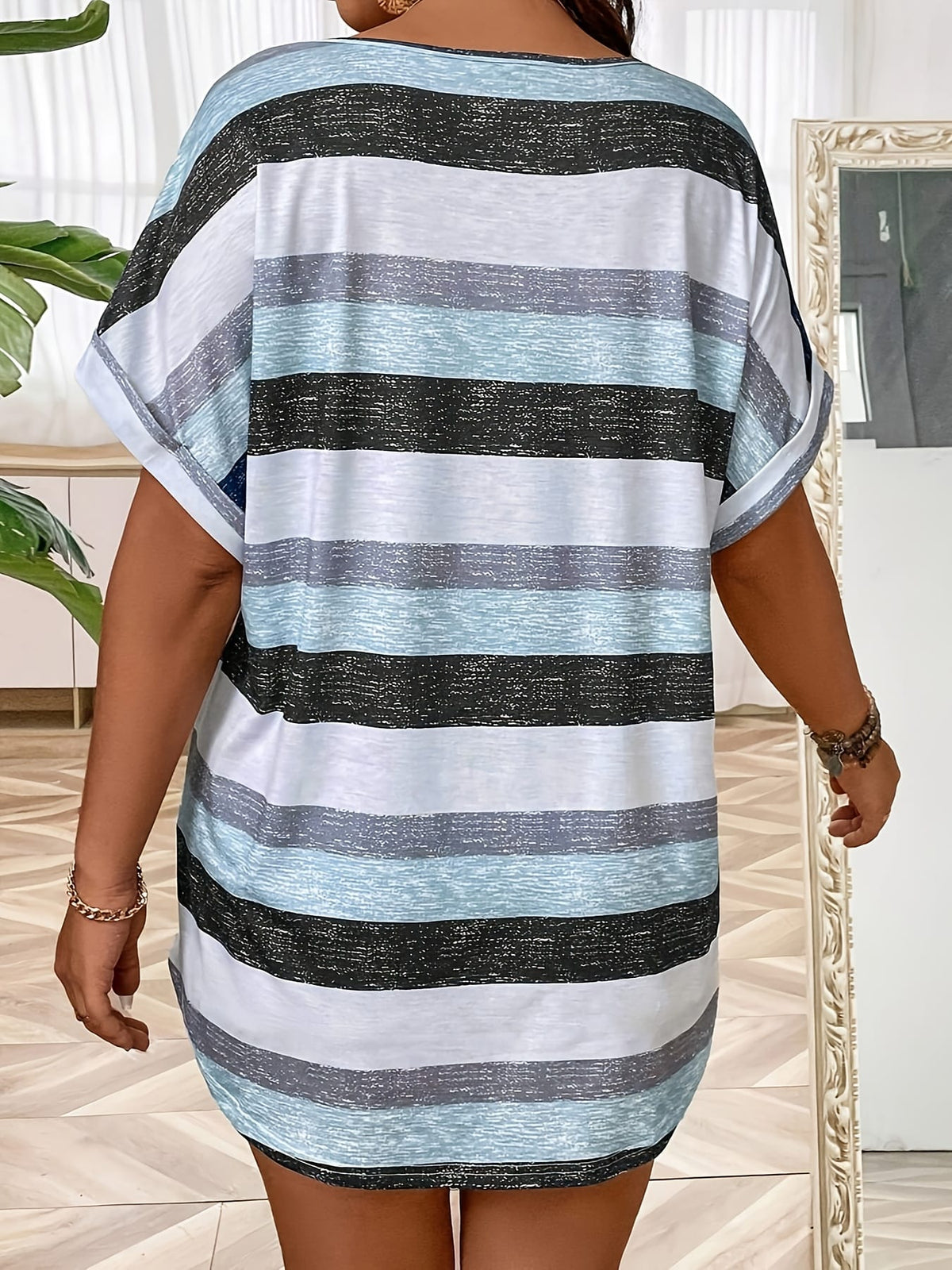 KissICON Plus Size, Women's Elegant V-Neck T-Shirt - Stretchy Blouse Top in Teal Blue, Orange & Brown Horizontal Stripes - Polyester/Elastane Blend Shirt for Everyday & Formal Outfits - Machine Washable Women's Clothing, Ladies T Shir