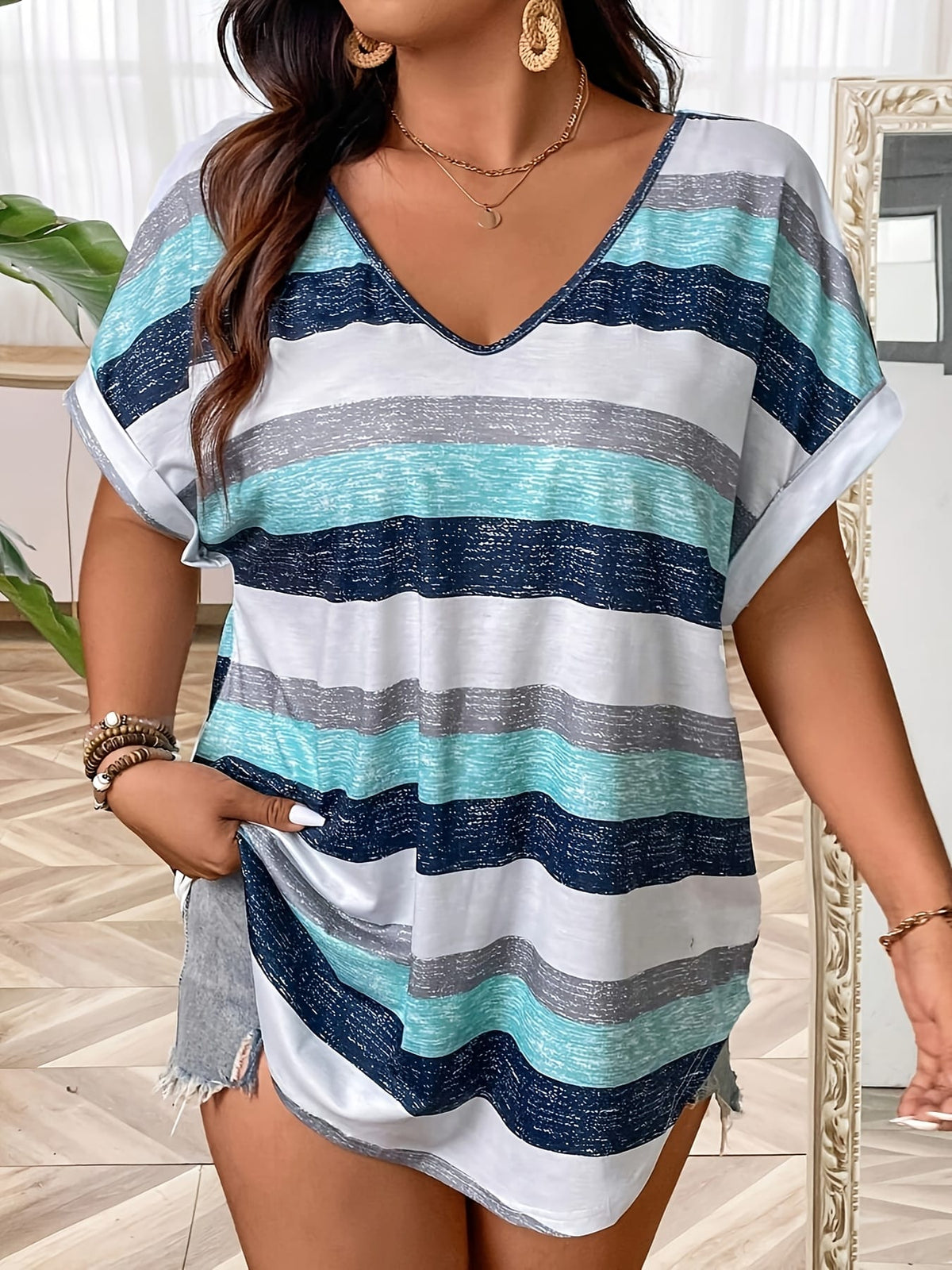 KissICON Plus Size, Women's Elegant V-Neck T-Shirt - Stretchy Blouse Top in Teal Blue, Orange & Brown Horizontal Stripes - Polyester/Elastane Blend Shirt for Everyday & Formal Outfits - Machine Washable Women's Clothing, Ladies T Shir
