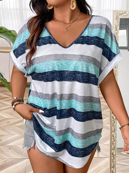 KissICON Plus Size, Women's Elegant V-Neck T-Shirt - Stretchy Blouse Top in Teal Blue, Orange & Brown Horizontal Stripes - Polyester/Elastane Blend Shirt for Everyday & Formal Outfits - Machine Washable Women's Clothing, Ladies T Shir