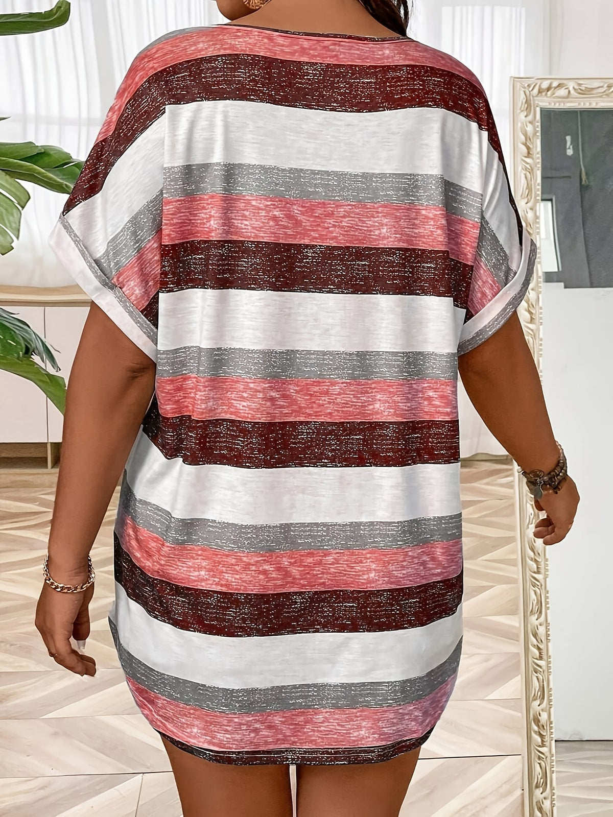 KissICON Plus Size, Women's Elegant V-Neck T-Shirt - Stretchy Blouse Top in Teal Blue, Orange & Brown Horizontal Stripes - Polyester/Elastane Blend Shirt for Everyday & Formal Outfits - Machine Washable Women's Clothing, Ladies T Shir