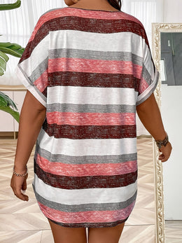 KissICON Plus Size, Women's Elegant V-Neck T-Shirt - Stretchy Blouse Top in Teal Blue, Orange & Brown Horizontal Stripes - Polyester/Elastane Blend Shirt for Everyday & Formal Outfits - Machine Washable Women's Clothing, Ladies T Shir